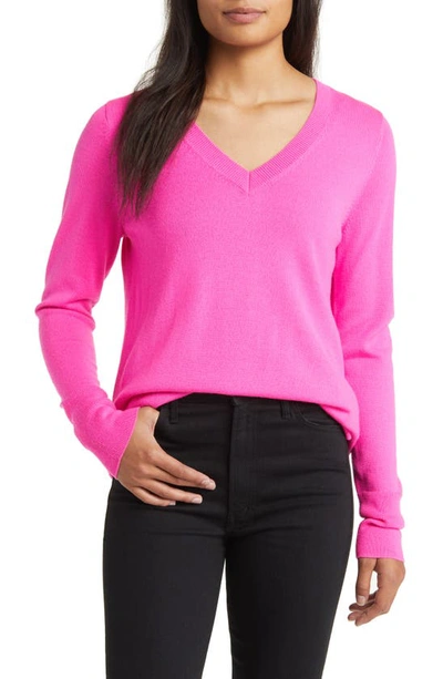 Caslon Wool Blend V-neck Sweater In Pink Neon