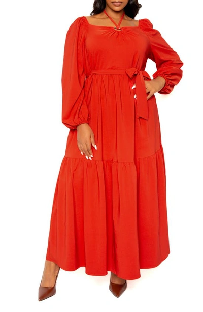 Buxom Couture O-ring Long Sleeve Tiered Maxi Dress In Rust