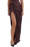 House Of Cb Vesper Gathered Side Slit Skirt In Rich Brown