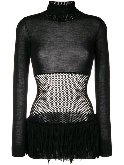 Loewe Turtleneck Mesh-waist Fringe-hem Wool Sweater In Black