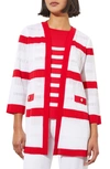 Ming Wang Rib Stripe Sheer Jacket In White/ Poppy Red