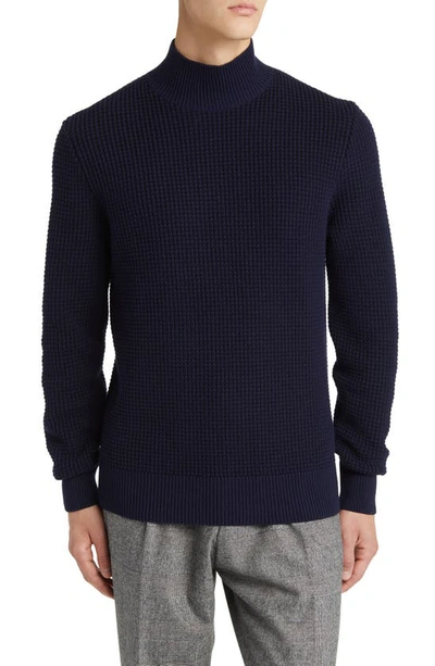 Hugo Boss Maurelio Mock Neck Cotton & Wool Waffle Sweater In Dark Blue