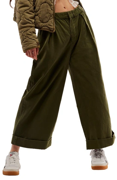 Free People After Love Roll Cuff Wide Leg Trousers In Moss Song