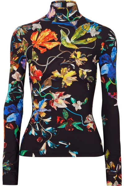 Mugler Turtleneck Long-sleeve 3-d Collage Floral-print Jersey Top In Black