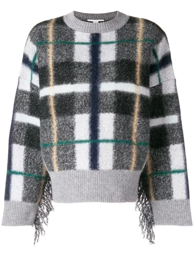 Stella Mccartney Oversized Fringed Plaid-intarsia Wool Sweater In Gray