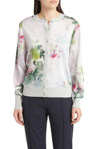 Ted Baker Yazell Floral Print Mix Media Cardigan In Gray