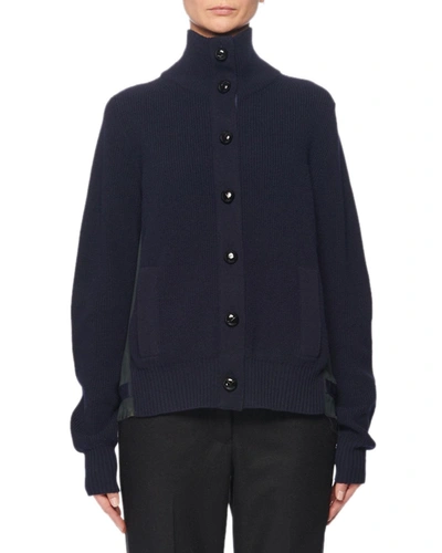 Sacai Turtleneck Button-front Pleated-back Wool Cardigan In Navy