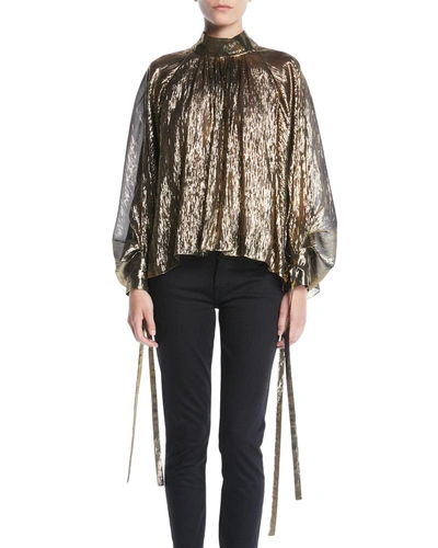 Osman London Mock-neck Pouf-sleeve Tie-cuff Lightweight Metallic Tulle Blouse In Gold