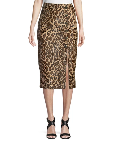 Skiim High-waist Leopard-print Calf Hair Pencil Skirt With 6-button Side Slit