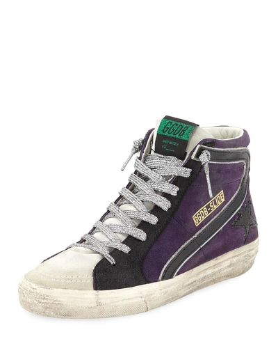 Golden Goose Slide Suede High-top Sneakers With Metallic Laces In Black/purple
