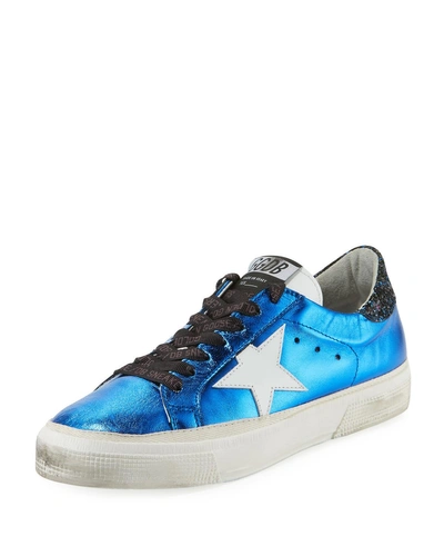 Golden Goose May Star Metallic Leather Low-top Platform Sneakers In Blue/white