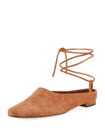 Manolo Blahnik Etnica Suede Mule With Ankle Tie, Nude