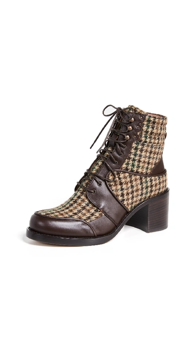 Tabitha Simmons Leo Houndstooth Lace-up Mixed Booties In Green Tweed/brown