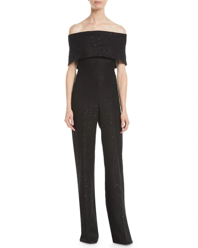 Lela Rose Off-the-shoulder Straight-leg Sparkle Tweed Jumpsuit In Black