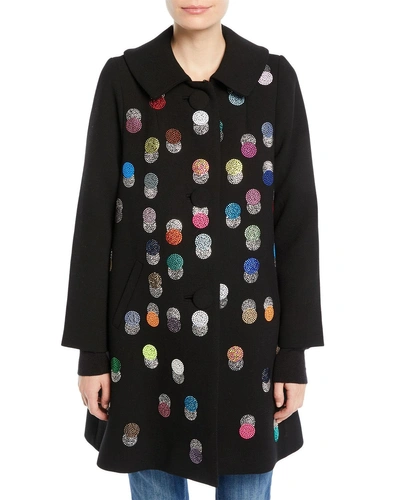 Libertine Peter-pan Collar Multicolor Beaded-dots Swing Wool Coat In Black