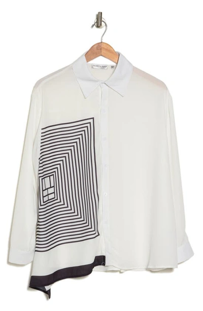 Patrizia Luca Geo Print Asymmetric Long Sleeve Button-up Shirt In White