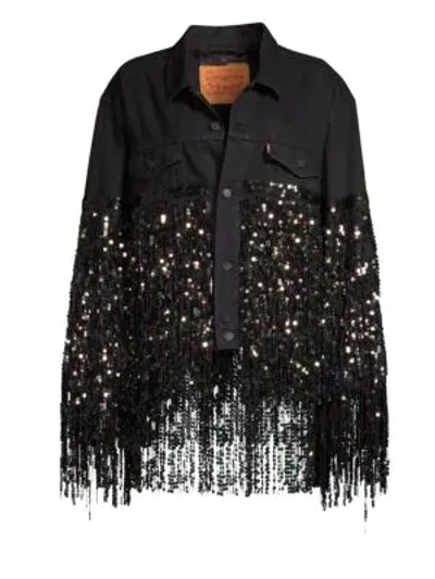 Romance Was Born Long-sleeve Button-front Sequin-fringe Denim Jacket In Black Multi