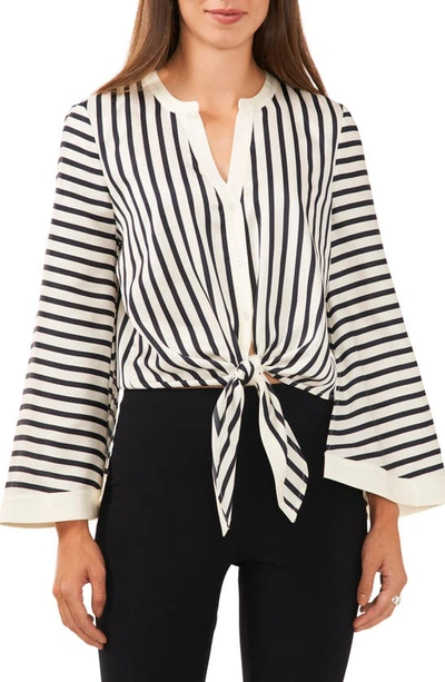Halogen Stripe Bell Sleeve Tie Front Button-up Top In Ink Blue