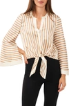 Halogen Stripe Bell Sleeve Tie Front Button-up Top In Pecan Brown