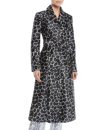 Michael Kors Button-front Belted Leopard-print Calf Hair Coat In Gray Pattern