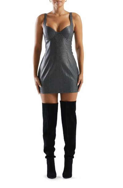 Naked Wardrobe Snakeskin Embossed Lace-up Faux Leather Minidress In Dark Grey