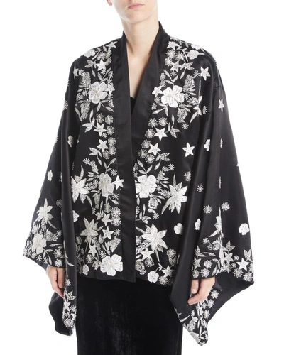 Naeem Khan Floral-embroidered Silk Coat In Black/white