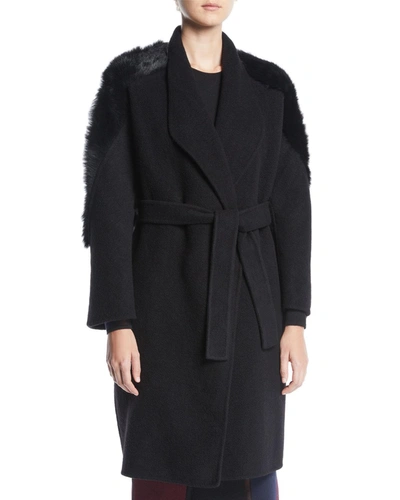 Gentry Portofino Wrap-front Belted Cashmere Coat W/ Lamb Fur In Black