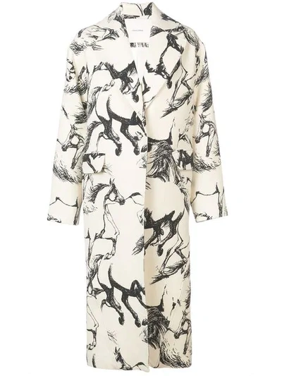 Adam Lippes Notched-lapel Button-front Abstract Horse-print Cocoon Wool Coat In Ivory
