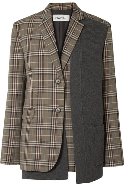 Monse Two-button Wool-blend Plaid Jacket W/ Knit Combo In Gray