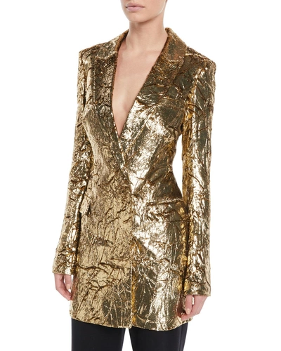 Sally Lapointe Crinkled Silk Velvet Single-breasted Blazer Dress In Gold
