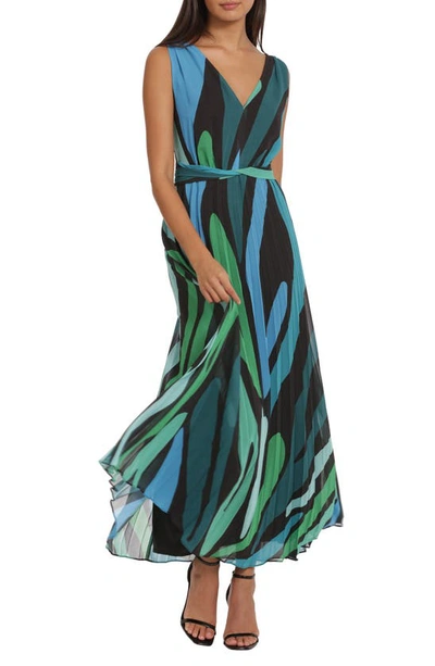 Donna Morgan V-neck Sleeveless Maxi Dress In Black/ Green