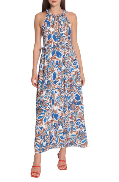 Maggy London Floral Ruffle Maxi Dress In Soft White/ Blue