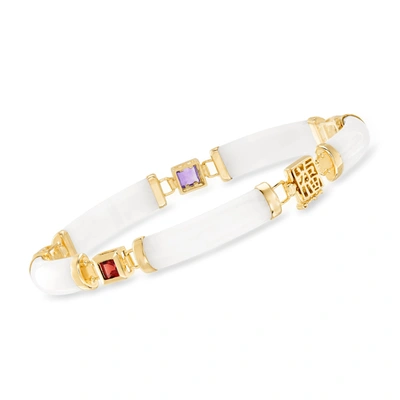 Ross-simons Multi-gemstone And White Jade "bless" Bracelet In 14kt Gold Over Sterling