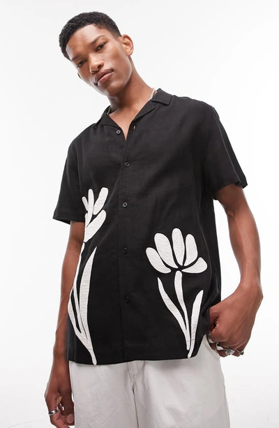 Topman Floral Appliqué Linen Blend Camp Shirt In Black