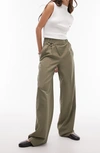 Topshop Asymmetric Wrap Front Pants In Dark Khaki