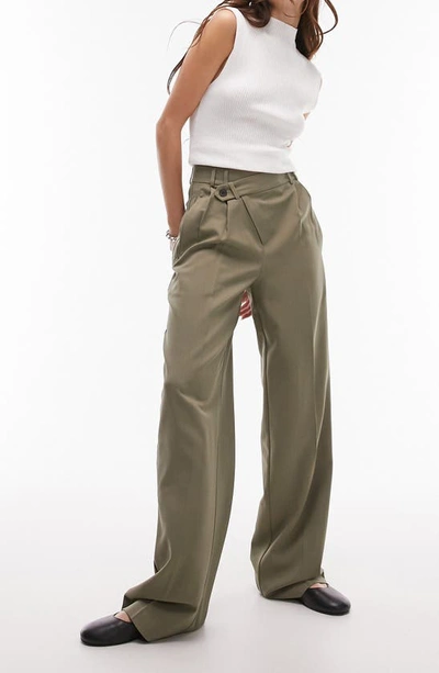 Topshop Asymmetric Wrap Front Pants In Dark Khaki