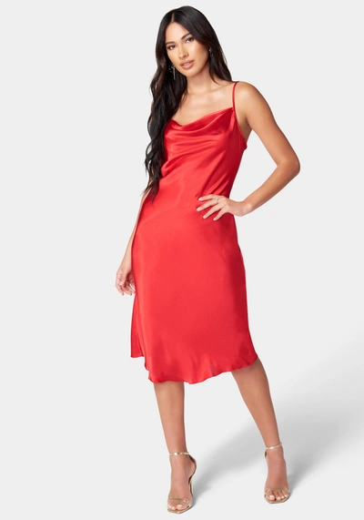 Bebe Satin Cowl Neck Slip Midi Dress In Red