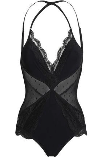 Zimmermann Woman Lace And Point D'espirit-paneled Swimsuit Black