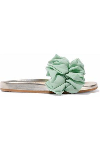 Charlotte Olympia Woman Naia Ruffled Organza-appliquéd Suede And Metallic Leather Slides Mint
