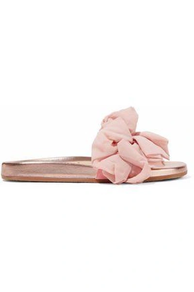 Charlotte Olympia Woman Naia Ruffled Organza-appliquéd Suede And Metallic Leather Slides Pastel Pink