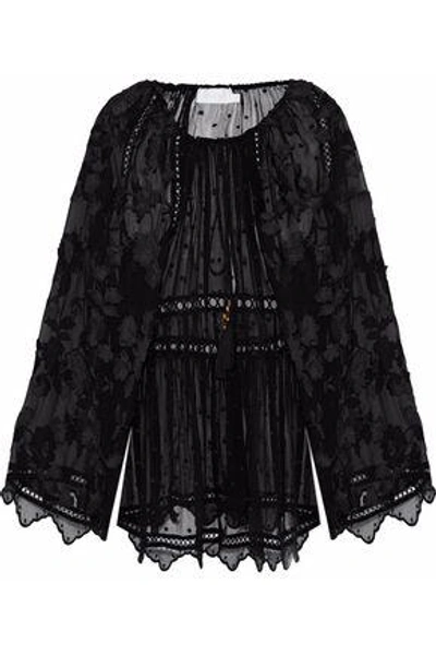 Zimmermann Woman Gathered Embroidered Silk-chiffon Tunic Black