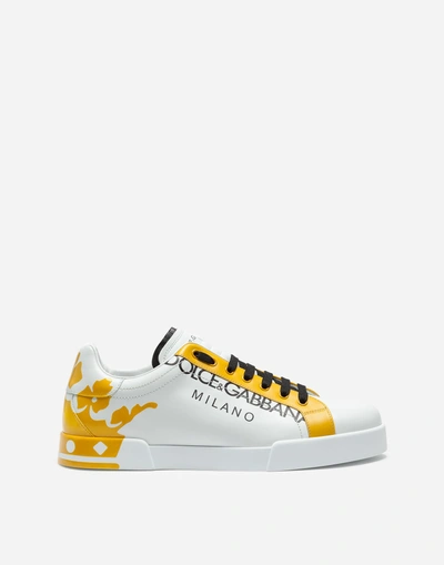 Dolce & Gabbana Portofino Sneakers In Printed Patent Calfskin In White/yellow