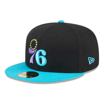 New Era Men's  Black, Turquoise Philadelphia 76ers Arcade Scheme 59fifty Fitted Hat In Black,turquoise