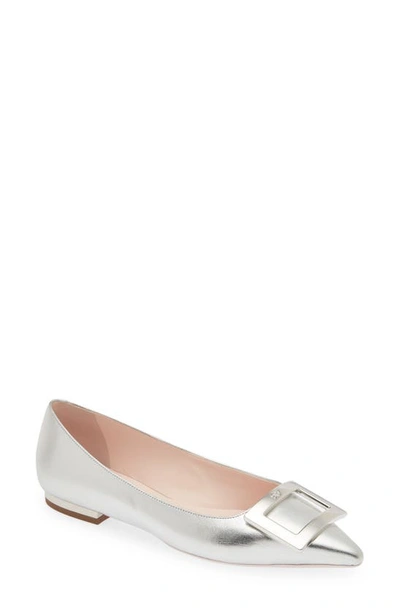 Roger Vivier Gommettine Buckle Pointed Toe Ballet Flat In Argento