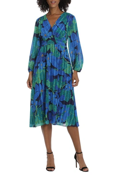 Maggy London Floral Long Sleeve Midi Dress In Navy/ Cobalt