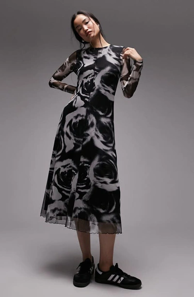 Topshop Long Sleeve Mesh Midi Dress In Black Multi