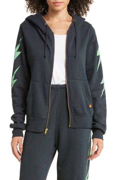 Aviator Nation Bolt Graphic Zip-up Hoodie In Charcoal/ Mint
