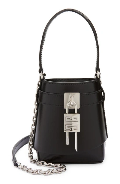 Givenchy Micro Shark Lock Leather Bucket Bag In Black
