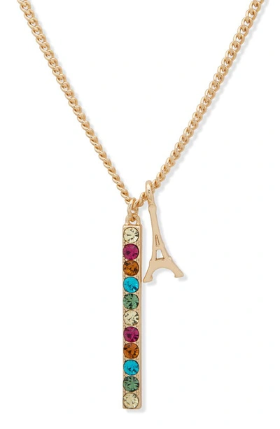 Karl Lagerfeld Crystal Bar & Eiffel Tower Charm Pendant Necklace In Gold