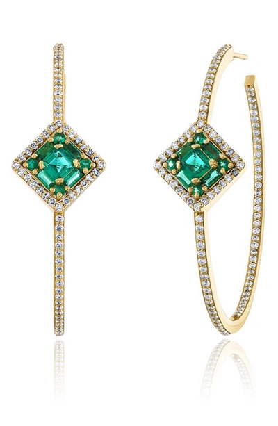 Mindi Mond Clarity Glam Asscher Emerald & Diamond Hoop Earrings In Yellow Gold/ Diamond/ Emerald